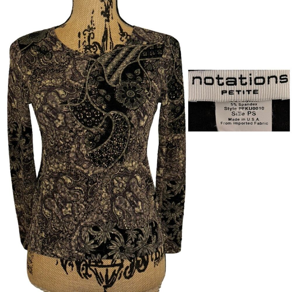 Vintage Notations Paisley Mesh Long Sleeve Brown Black Gold Size Petite Small
